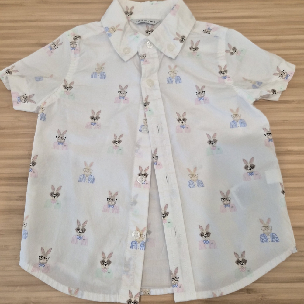 Janie and Jack Bunny Print Button Down Shirt - White